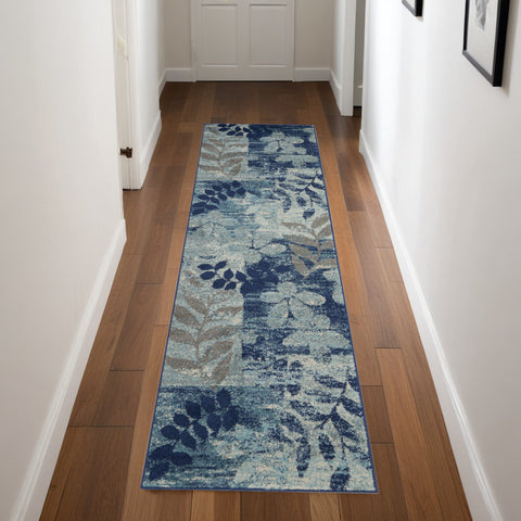 7' Navy Blue Light Blue and Gray Botanical Leaves Runner Rug
