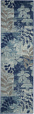 7' Navy Blue Light Blue and Gray Botanical Leaves Runner Rug
