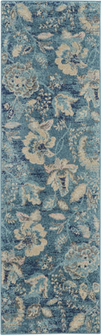 7' Turquoise Cream and Navy Blue Floral Distressed Runner Rug