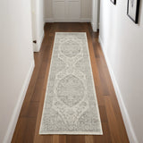 7' Ivory And Gray Floral Medallion Distressed Runner Rug