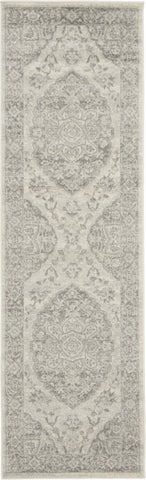 7' Ivory And Gray Floral Medallion Distressed Runner Rug