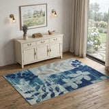 4' X 6' Navy Blue Light Blue and Gray Botanical Leaves Area Rug