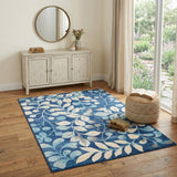 4' X 6' Navy Blue and Beige Botanical Leaves Area Rug