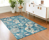 4' X 6' Turquoise Cream and Navy Blue Floral Distressed Area Rug