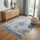 4' X 6' Ivory And Light Blue Floral Medallion Distressed Area Rug