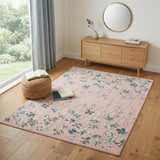4' X 6' Pink Gray and Blue Botanical Leaves Area Rug