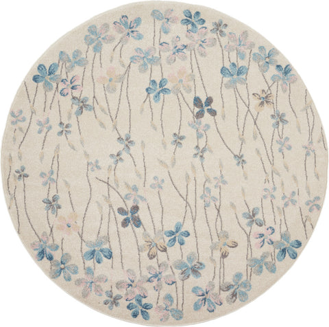 5' Ivory And Blue Floral Round Rug