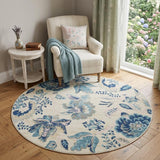5' Ivory Navy Blue And Light Blue Floral Round Rug
