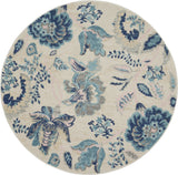 5' Ivory Navy Blue And Light Blue Floral Round Rug