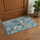 2' X 4' Turquoise Cream and Navy Blue Floral Distressed Area Rug