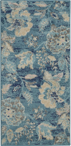 2' X 4' Turquoise Cream and Navy Blue Floral Distressed Area Rug