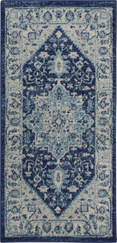 2' X 4' Ivory And Navy Blue Floral Medallion Distressed Area Rug