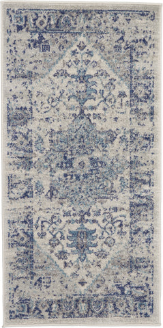 2' X 4' Ivory And Light Blue Floral Medallion Distressed Area Rug