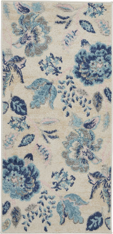 2' X 4' Ivory Navy Blue And Light Blue Floral Area Rug