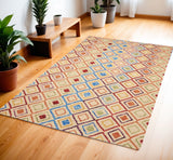 4' X 6' Ivory Blue And Red Wool Geometric Hand Tufted Area Rug