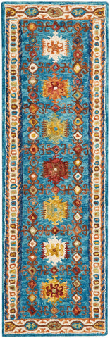 8' Navy Blue Orange And Green Wool Floral Hand Tufted Distressed Runner Rug