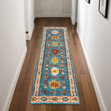 8' Navy Blue Orange And Green Wool Floral Hand Tufted Distressed Runner Rug