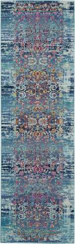 8' Blue Red And Orange Floral Distressed Runner Rug