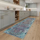 8' Blue Red And Orange Floral Distressed Runner Rug