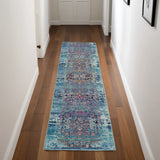 8' Blue Red And Orange Floral Distressed Runner Rug