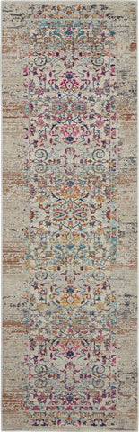 8' Ivory And Brown Floral Distressed Runner Rug