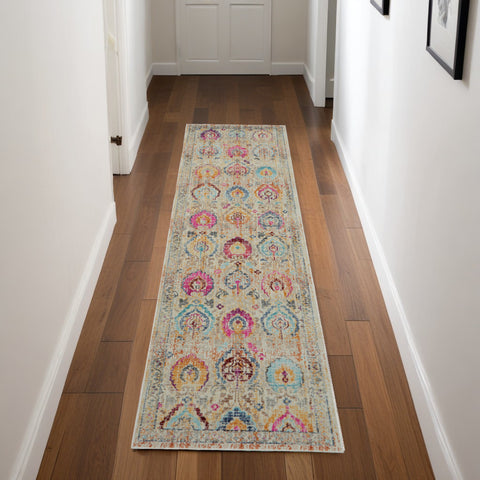 8' Ivory Pink And Orange Floral Distressed Runner Rug