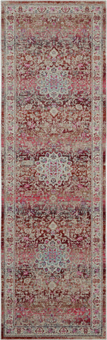 8' Ivory And Red Floral Distressed Runner Rug