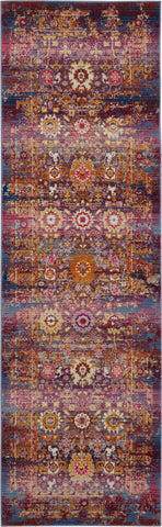 8' Blue Yellow And Red Floral Distressed Runner Rug