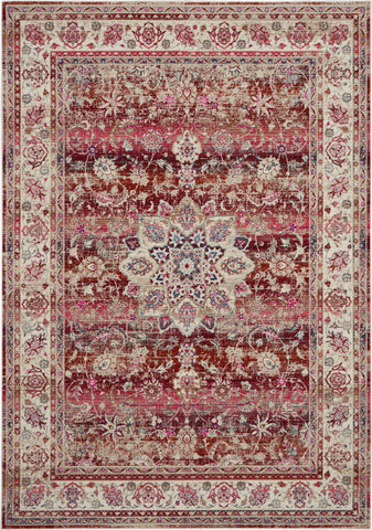 5' X 8' Ivory And Red Floral Distressed Area Rug