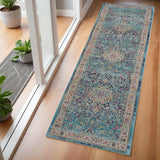 6' Blue and Beige Floral Distressed Runner Rug