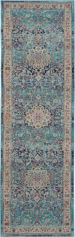 6' Blue and Beige Floral Distressed Runner Rug