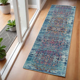 6' Blue Red And Orange Floral Distressed Runner Rug