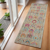 6' Ivory Pink And Orange Floral Distressed Runner Rug