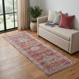6' Ivory And Red Floral Distressed Runner Rug