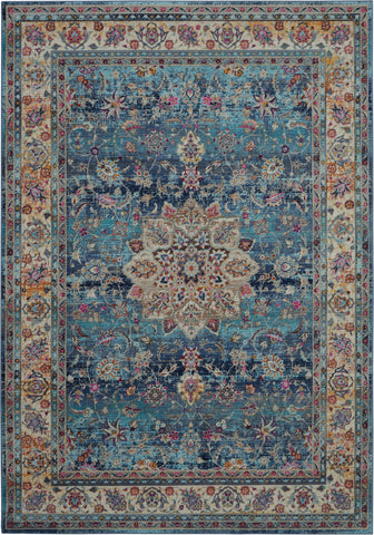 4' X 6' Blue and Beige Floral Distressed Area Rug