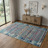 4' X 6' Blue Red And Orange Floral Distressed Area Rug