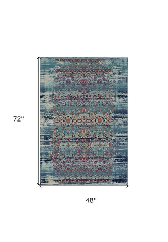 4' X 6' Blue Red And Orange Floral Distressed Area Rug