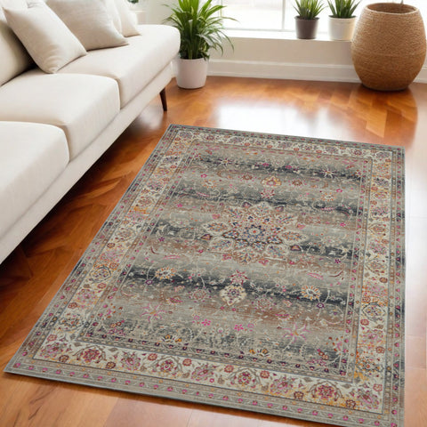 4' X 6' Ivory Brown And Gray Floral Distressed Area Rug