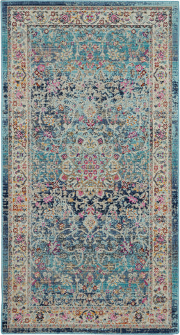 2' X 4' Blue and Beige Floral Distressed Area Rug