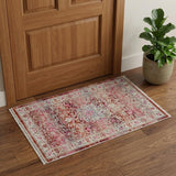 2' X 4' Ivory And Red Floral Distressed Area Rug