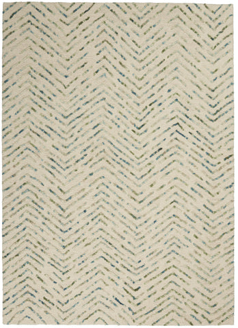 5' X 7' Ivory Blue and Green Wool Chevron Area Rug