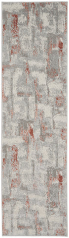 8' Gray and Red Abstract Non Skid Runner Rug