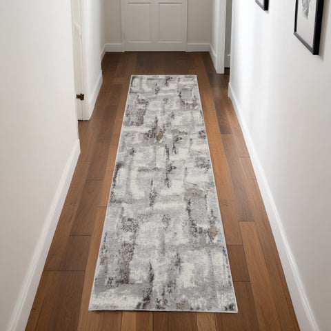 8' Ivory Black and Gray Abstract Non Skid Runner Rug