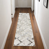 8' Ivory Blue and Gray Geometric Non Skid Runner Rug