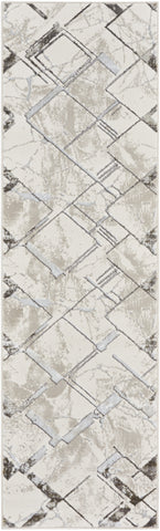 8' Ivory Blue and Gray Geometric Non Skid Runner Rug