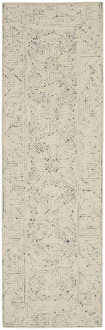 8' Navy Blue and Ivory Wool Abstract Runner Rug