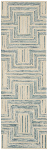 8' Ivory and Turquoise Wool Geometric Runner Rug