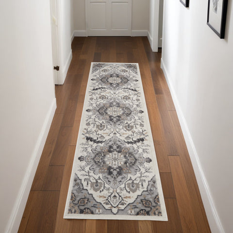 8' Ivory Black and Gray Floral Medallion Non Skid Runner Rug