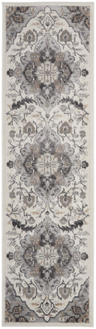 8' Ivory Black and Gray Floral Medallion Non Skid Runner Rug