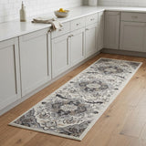 8' Ivory Black and Gray Floral Medallion Non Skid Runner Rug